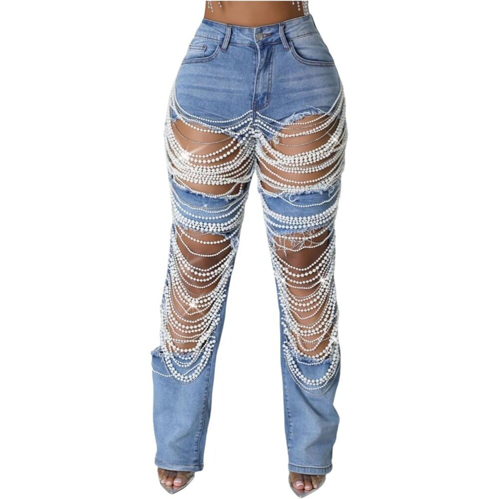 Women's Ripped High Waisted Distressed Denim Jeans with Rhinestones & Chains